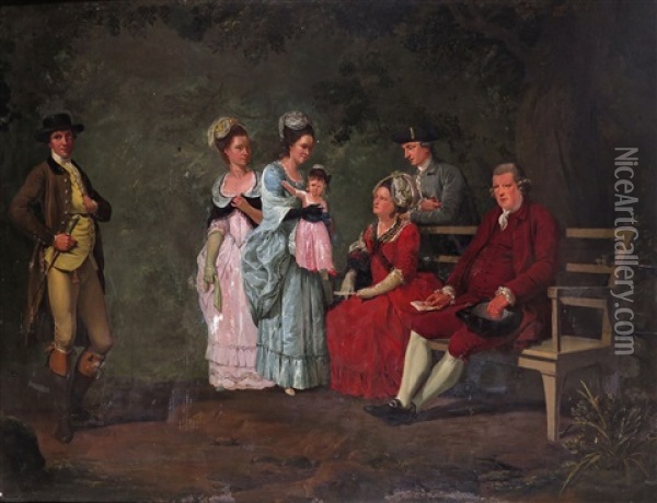 Group Portrait Of The Perry Family In A Wooded Park Oil Painting - Hugh Barron