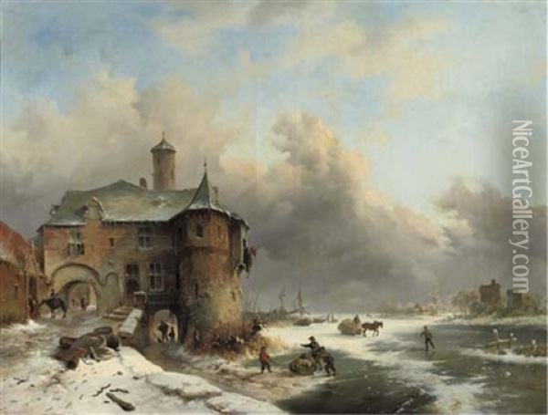 Villagers On A Frozen River By A Towngate Oil Painting - Frederik Marinus Kruseman