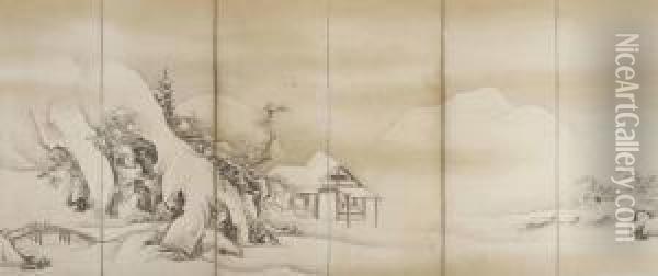 Chinese Landscape In Snow Oil Painting - Kaiho Yusetsu