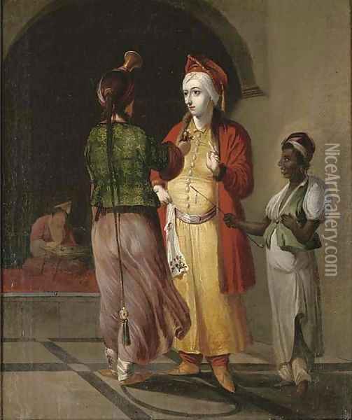 Two Moorish courtesans and a servant in an archway Oil Painting - Cornelis De Bruyn