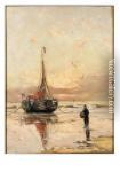 A Beached Bomschuit At Sunset Oil Painting - Gerhard Arij Ludwig Morgenstje Munthe
