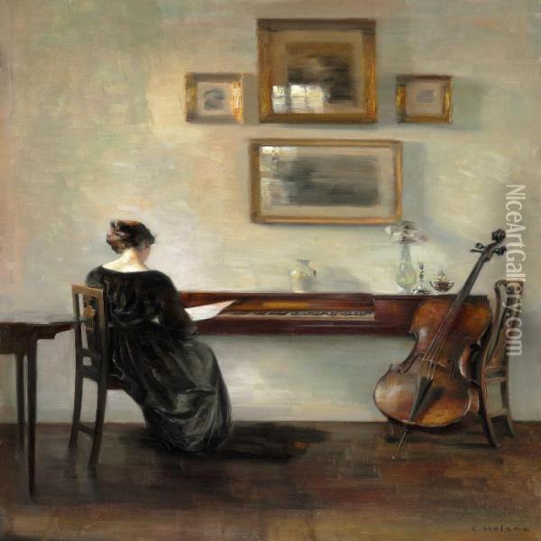 Interior With A Woman Seen From Behind Oil Painting - Carl Vilhelm Holsoe