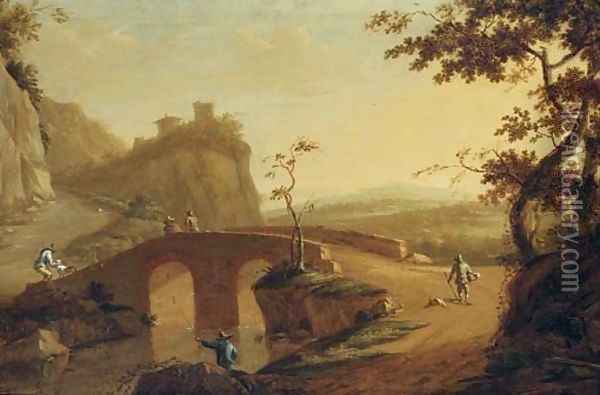 A landscape with travellers crossing a bridge, a hilltop house beyond Oil Painting - Willem de Heusch