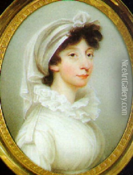 Mrs. John William Hope Wearing White Dress With Ruff Collar And Turban Oil Painting - Henry Bone