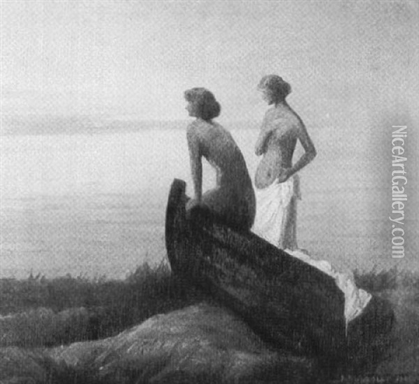 Bathers At Dusk Oil Painting - Harald Slott-Moller