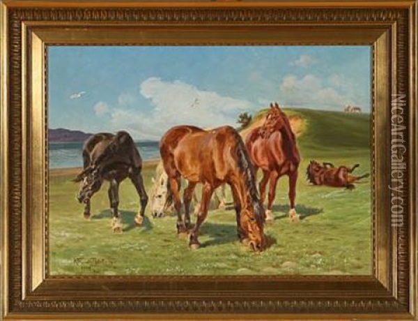 Summer Day With Grazing Horses Oil Painting - Karl Frederik Christian Hansen-Reistrup