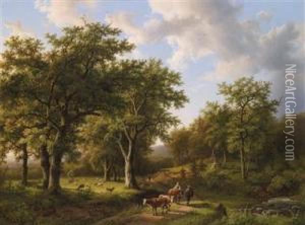 Woodland Landscape With Herdsman And Cattle Oil Painting - Barend Cornelis Koekkoek