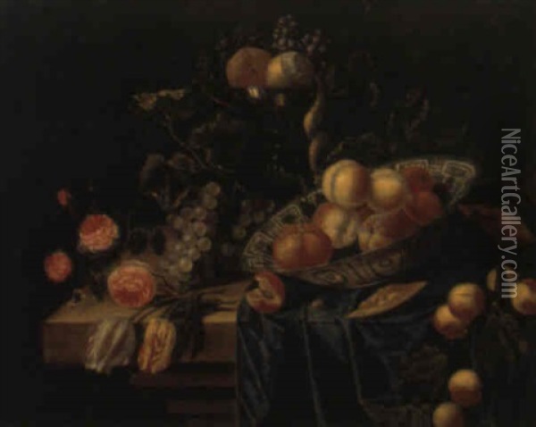 Nature Morte Au Plat De Delft, Peches, Raisins Et Fleurs Oil Painting - Gillis van Berkborch