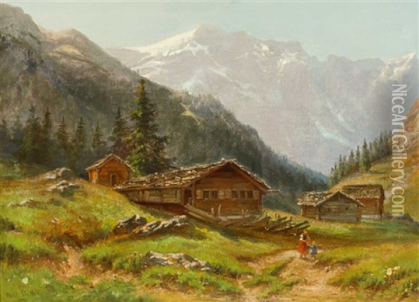 Sommertag Im Gebirge Mit Sennhutten, Personenstaffage Und Beleuchtetem Massiv Oil Painting - Niklaus von Pfyffer