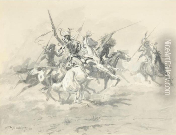 On The Attack Oil Painting - Charles Russell