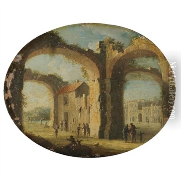 A Capriccio Scene With Figures Amongst Classical Ruins Oil Painting - Gennaro Greco