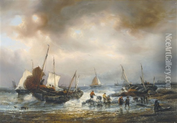 Bateaux Pres De La Plage Oil Painting - Francois-Etienne Musin