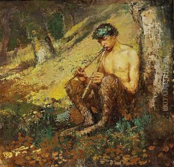 En Faun Spiller Flojte I Skoven Oil Painting - Hans Nikolaj Hansen