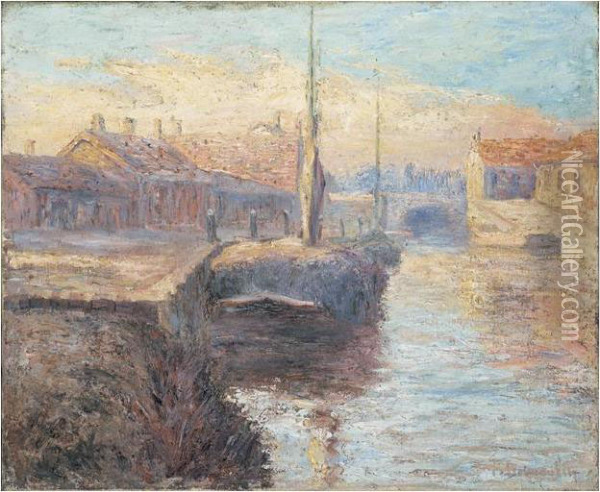 Barge Sur Un Canal Oil Painting - Fernand Desmoulins