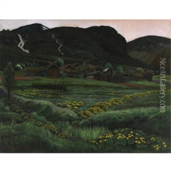 Soleinatt, Jolster (white Night, Buttercups At Jolster) Oil Painting - Nikolai Johannes Astrup