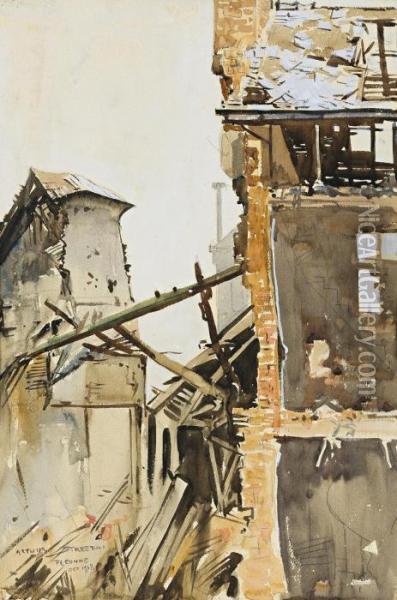 Damaged Buildings, Peronne Oil Painting - Arthur Ernest Streeton