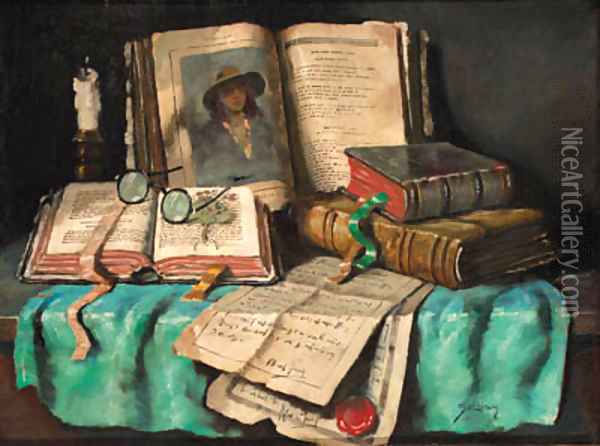 Books and letters on a table Oil Painting - Hungarian School