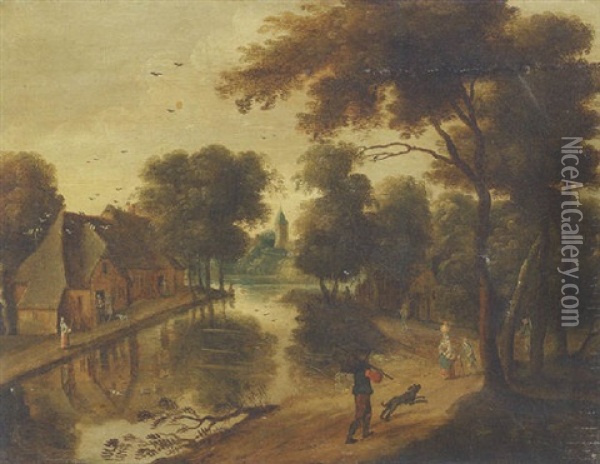 A River Landscape With Cottages And Peasants Oil Painting - Jacques Fouquieres