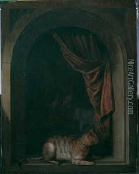 Eine Katze Am Fenster Eines Malerateliers. Im Hintergrund Der Maler An Der Staffelei. Oil Painting - Gerard Goswin