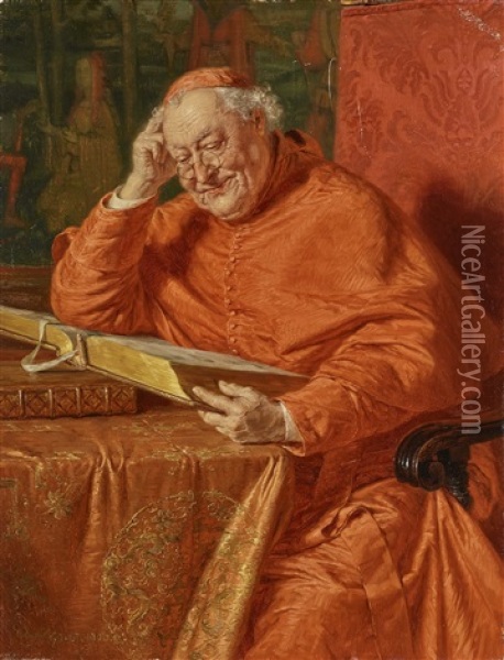 Cardinal With Large Tome Oil Painting - Eduard von Gruetzner