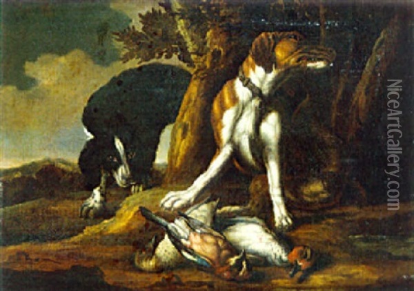 Deux Chiens Au Repos Oil Painting - David de Coninck