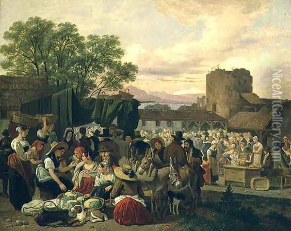 An Italian Market Scene Oil Painting - Adam Topffer