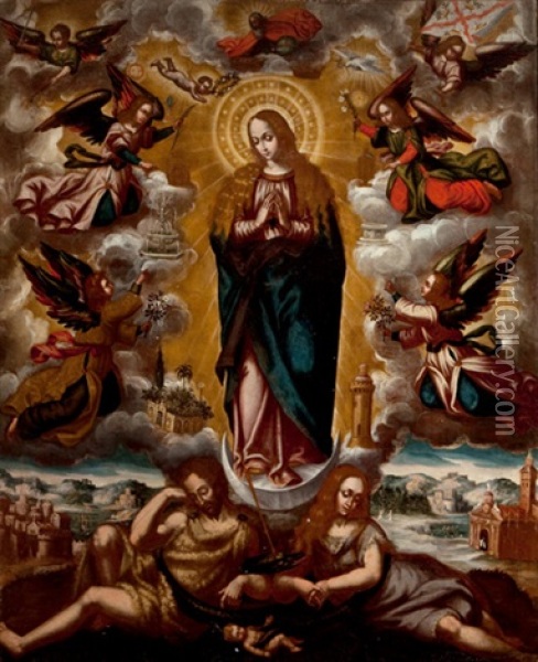Sagrada Familia E Inmaculada Oil Painting - Diego Quispe Tito