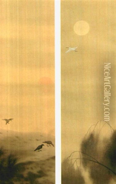 Egret Under The Moon, Crow In The Morning Sun Oil Painting - Hishida Shunso