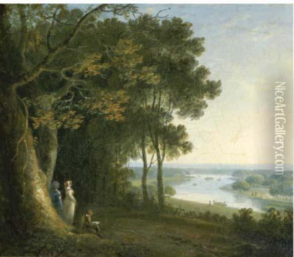 An Artist Sketching With Figures On Richmond Hill, A View Of The Thames Beyond Oil Painting - Richard Wilson