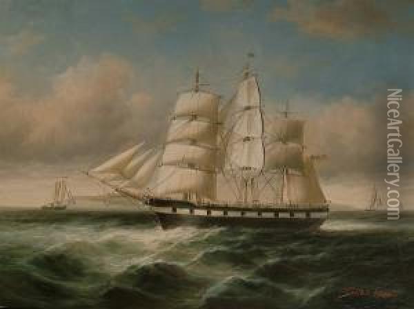 A Impressive Ship In Full Sail. Oil Painting - James Hardy