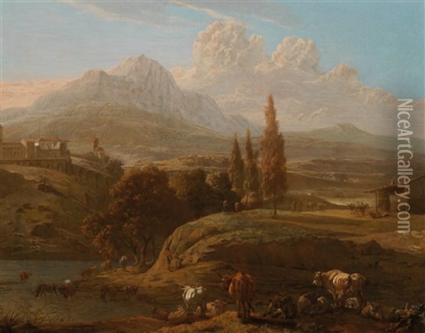 Herders And Cattle Near A River In The Abruzzo Region Near Penne, With The Gran Sasso In The Background Oil Painting - Willem Romeyn