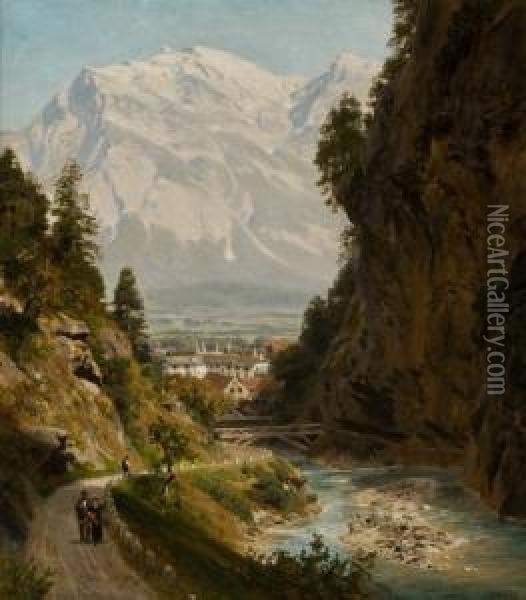 Wanderer In Der Taminaschlucht Bei Bad Ragaz, Schweiz Oil Painting - Alfred Metzener