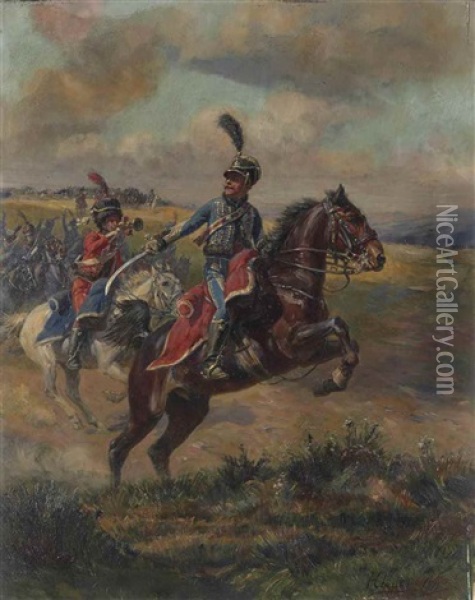 Trompette Et Hussard Chargeant Oil Painting - Henri-Georges-Jacques Chartier