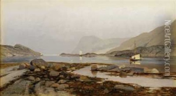 Nordlandsbater Ved Kysten Oil Painting - Nils Severin Lynge Hansteen