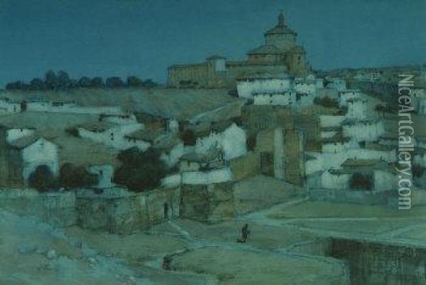 Toledo, Spain, Figure Before The Township At Dusk Oil Painting - Albert Moulton Foweraker