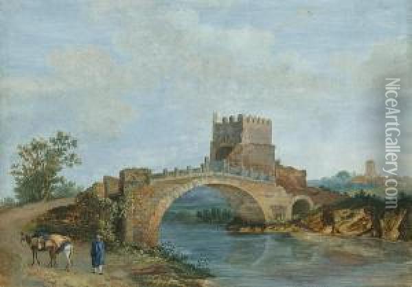 Traveller With A Donkey Approaching The Ponte Molle Oil Painting - Jan Frans Van Bloemen (Orizzonte)