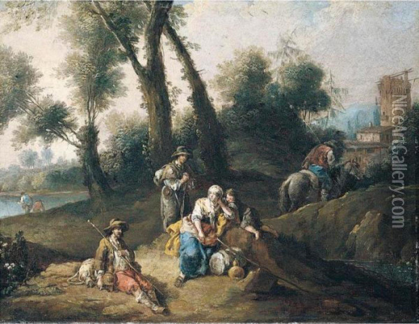 A Landscape With Travellers And Pilgrims Resting Beside A Stream, Ruins Beyond Oil Painting - Giuseppe Zais