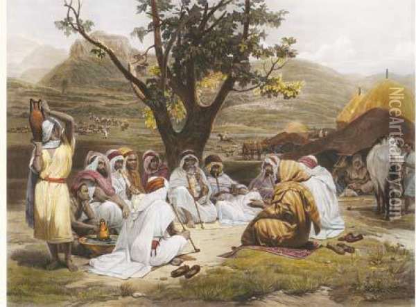 Arabes Dans Leur Camps Ecoutant Une Histoire, Souvenir D'algerie . Oil Painting - Horace Vernet