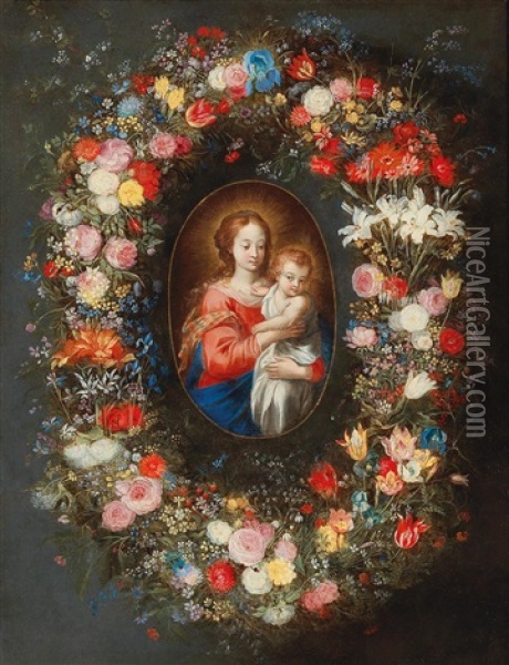 The Madonna And Child Surrounded By A Floral Garland Oil Painting - Jan Brueghel the Elder