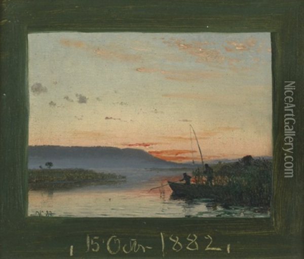 Zwei Angler In Einer Fjordlandschaft Bei Sonnenaufgang Oil Painting - Vilhelm Peter Karl Kyhn