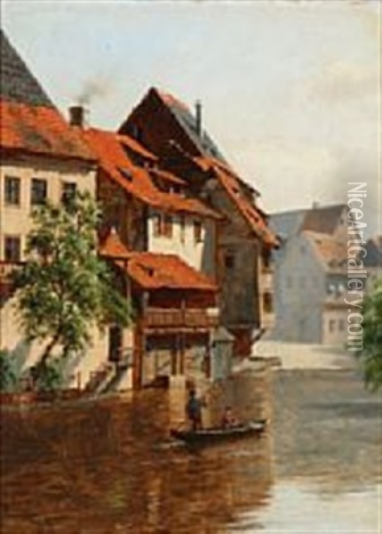 Canal Scene From Nuremberg Oil Painting - August Fischer