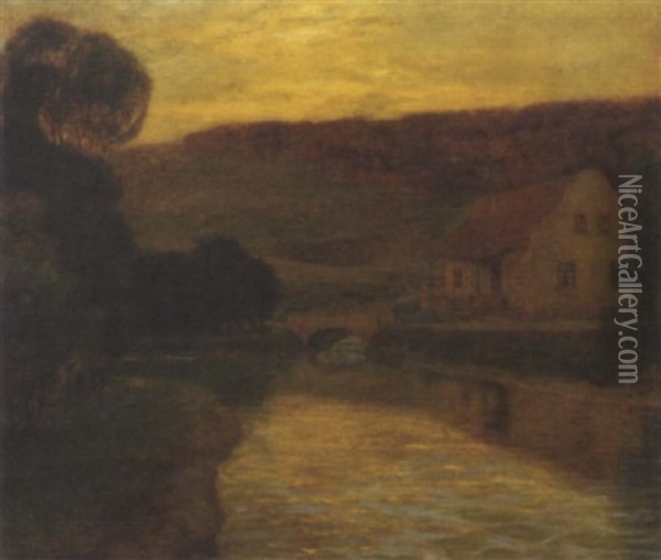 A River Landscape At Sunset Oil Painting - Eduard Kasparides