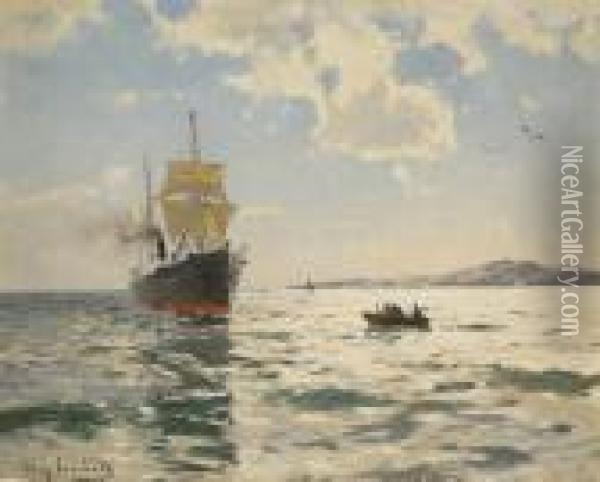 Marin Med Angfartyg Oil Painting - August Jernberg