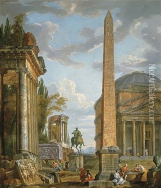 A Capriccio With Figures Gathered Around The Obelisk Of Augustus, A View Of The Pantheon, The Statue Of Marcus Aurelius And The Temple Of Sybil, Tivoli (collab. W/studio) Oil Painting - Giovanni Paolo Panini