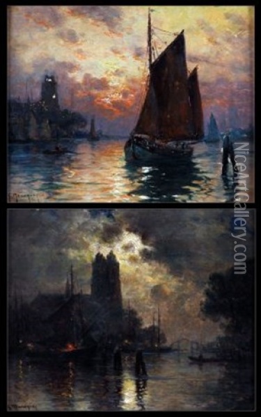 Shipping By Moonlight (+ Shipping By Sunset; Pair) Oil Painting - Georges Philibert Charles Maroniez