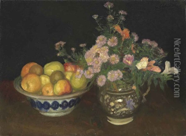 A Jug Of Wild Flowers And Fruit In A Bowl Oil Painting - Sir George Clausen