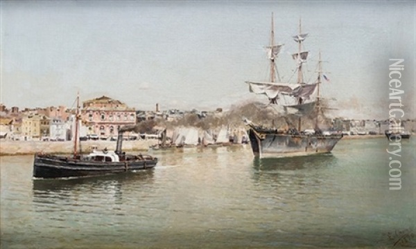 Barcos En La Bahia, 1890 Oil Painting - Emilio Ocon