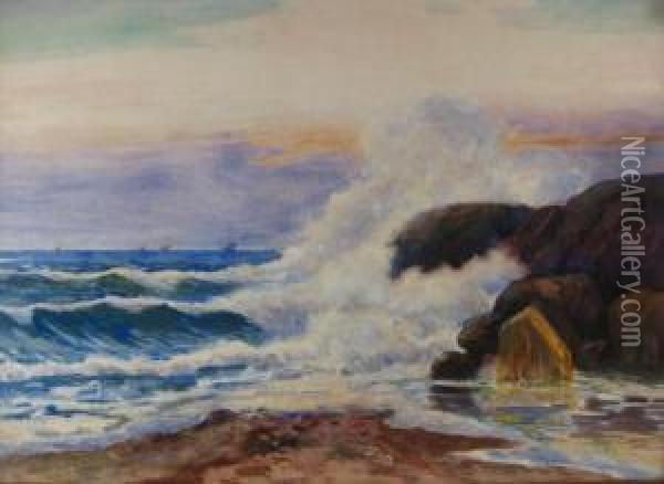 Waves Crashing On Rocks At Shore Oil Painting - Henry Orne Rider