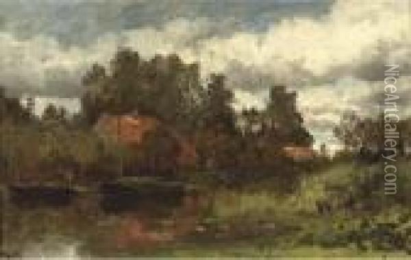 Tuschen Abcoude En Weesp: Along The River Oil Painting - Willem Roelofs