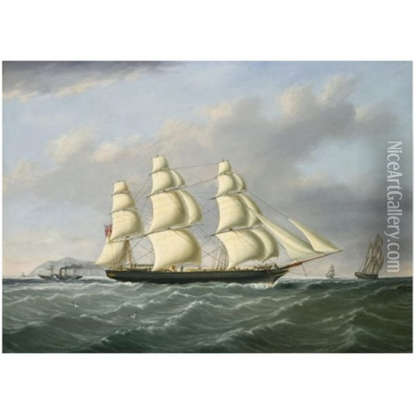 A Three Masted Ship Under Full Sail Outward Bound From Liverpool Off Holyhead And The South Stack Oil Painting - Joseph Heard